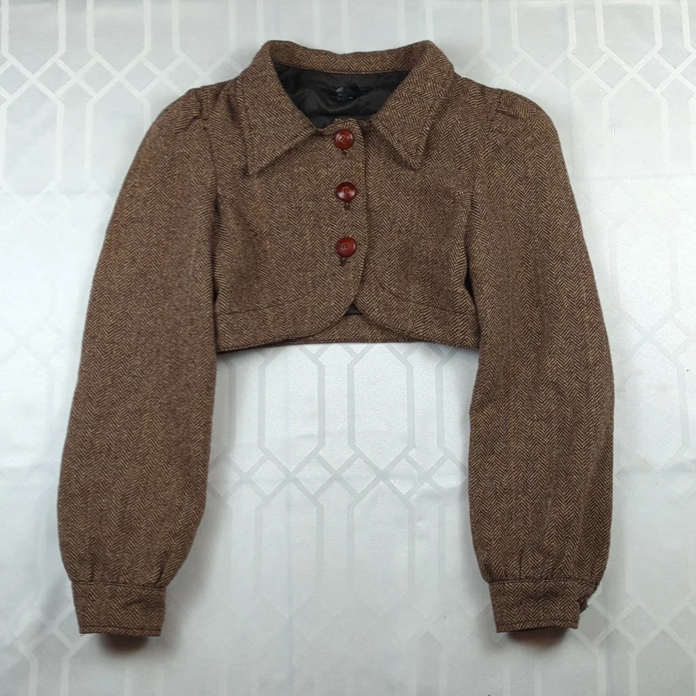 SOLD! Wool Blend Herringbone Bolero Old Fashioned Zara - Picture 2 of 12